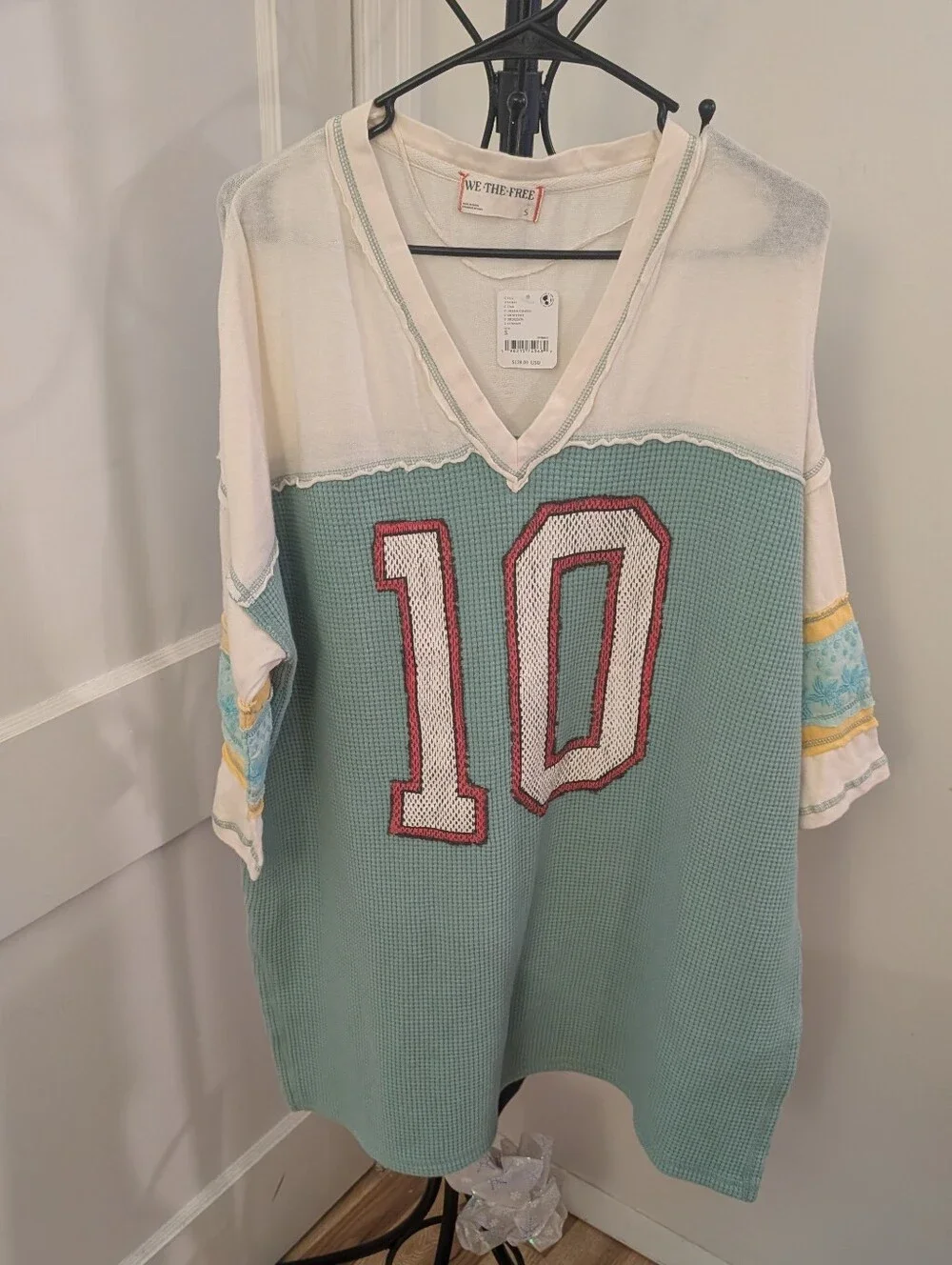 Free People Cream & Mint Green Waffle Knit Top Size Small